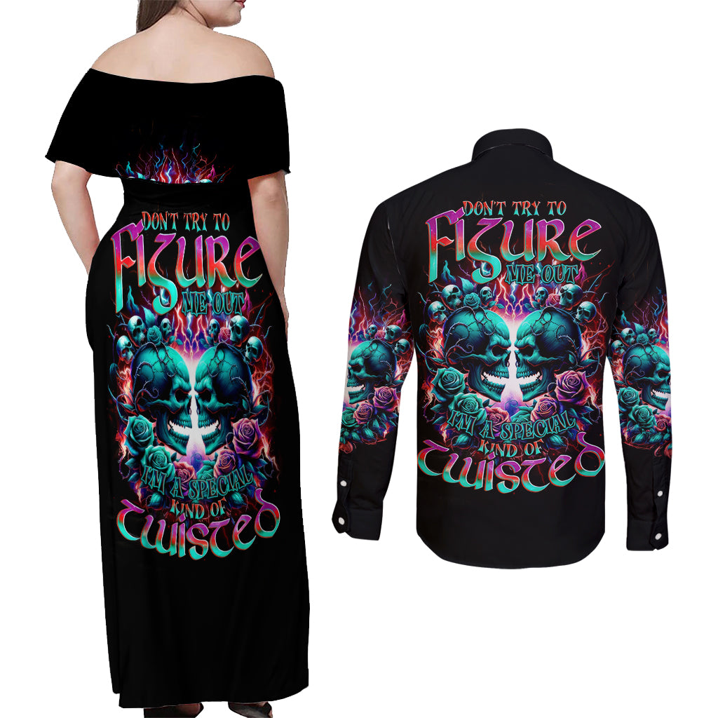 Twin Skull Couples Matching Off Shoulder Maxi Dress and Long Sleeve Button Shirt Don't Try Figure Me out I'm A Special Kind Of Twisted - Wonder Print Shop