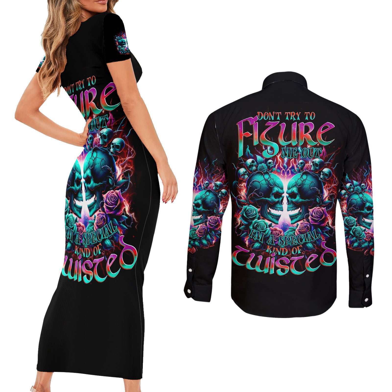 Twin Skull Couples Matching Short Sleeve Bodycon Dress and Long Sleeve Button Shirt Don't Try Figure Me out I'm A Special Kind Of Twisted - Wonder Print Shop