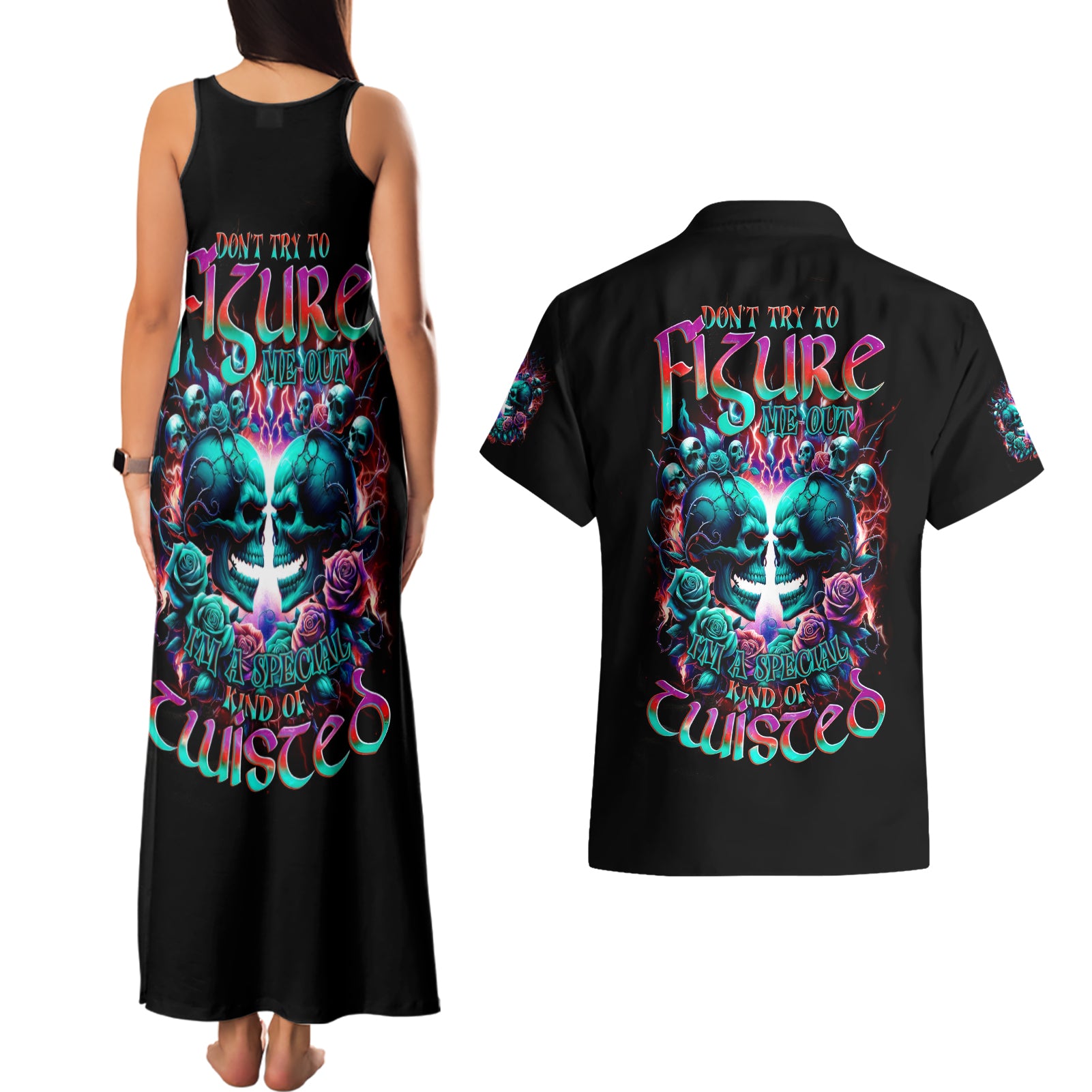 Twin Skull Couples Matching Tank Maxi Dress and Hawaiian Shirt Don't Try Figure Me out I'm A Special Kind Of Twisted - Wonder Print Shop