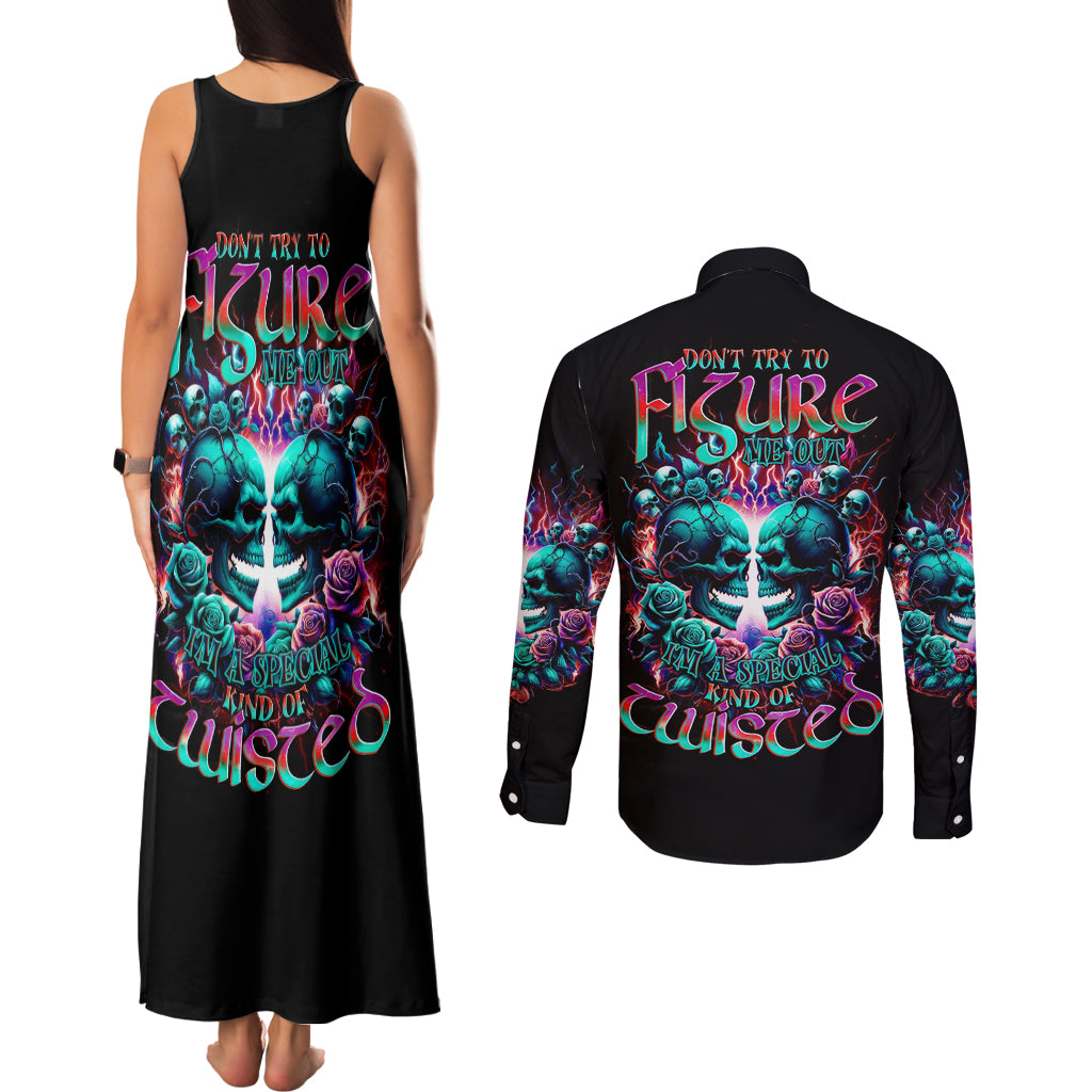 Twin Skull Couples Matching Tank Maxi Dress and Long Sleeve Button Shirt Don't Try Figure Me out I'm A Special Kind Of Twisted - Wonder Print Shop