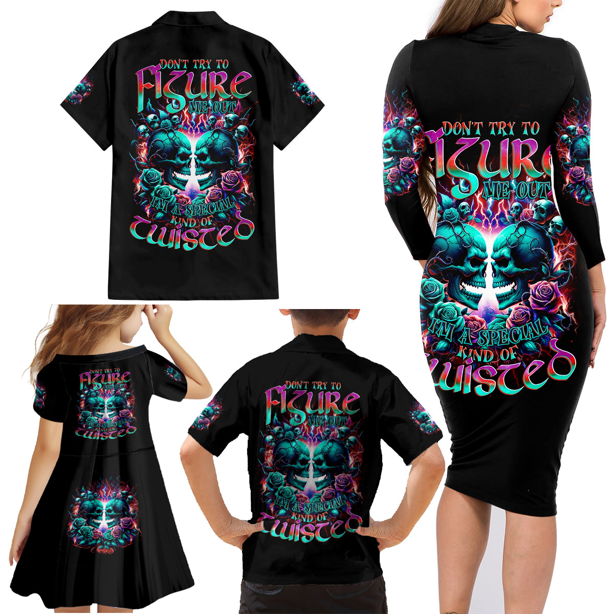 Twin Skull Family Matching Long Sleeve Bodycon Dress and Hawaiian Shirt Don't Try Figure Me out I'm A Special Kind Of Twisted - Wonder Print Shop