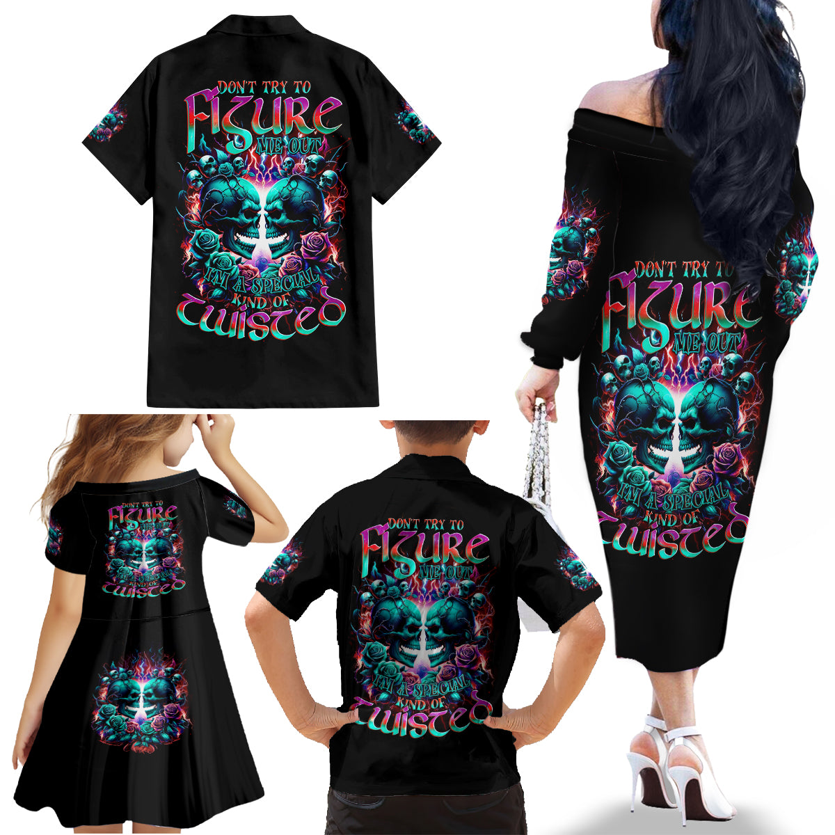 Twin Skull Family Matching Off Shoulder Long Sleeve Dress and Hawaiian Shirt Don't Try Figure Me out I'm A Special Kind Of Twisted - Wonder Print Shop