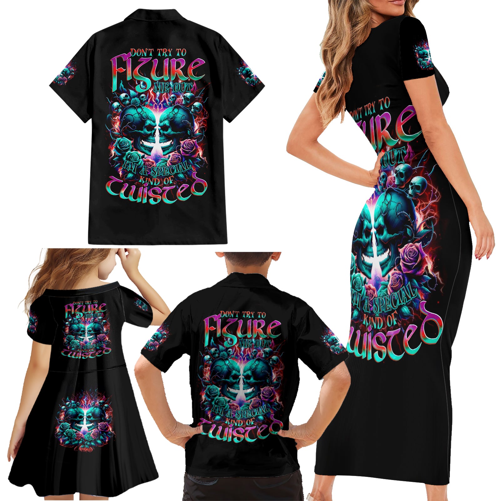 Twin Skull Family Matching Short Sleeve Bodycon Dress and Hawaiian Shirt Don't Try Figure Me out I'm A Special Kind Of Twisted - Wonder Print Shop