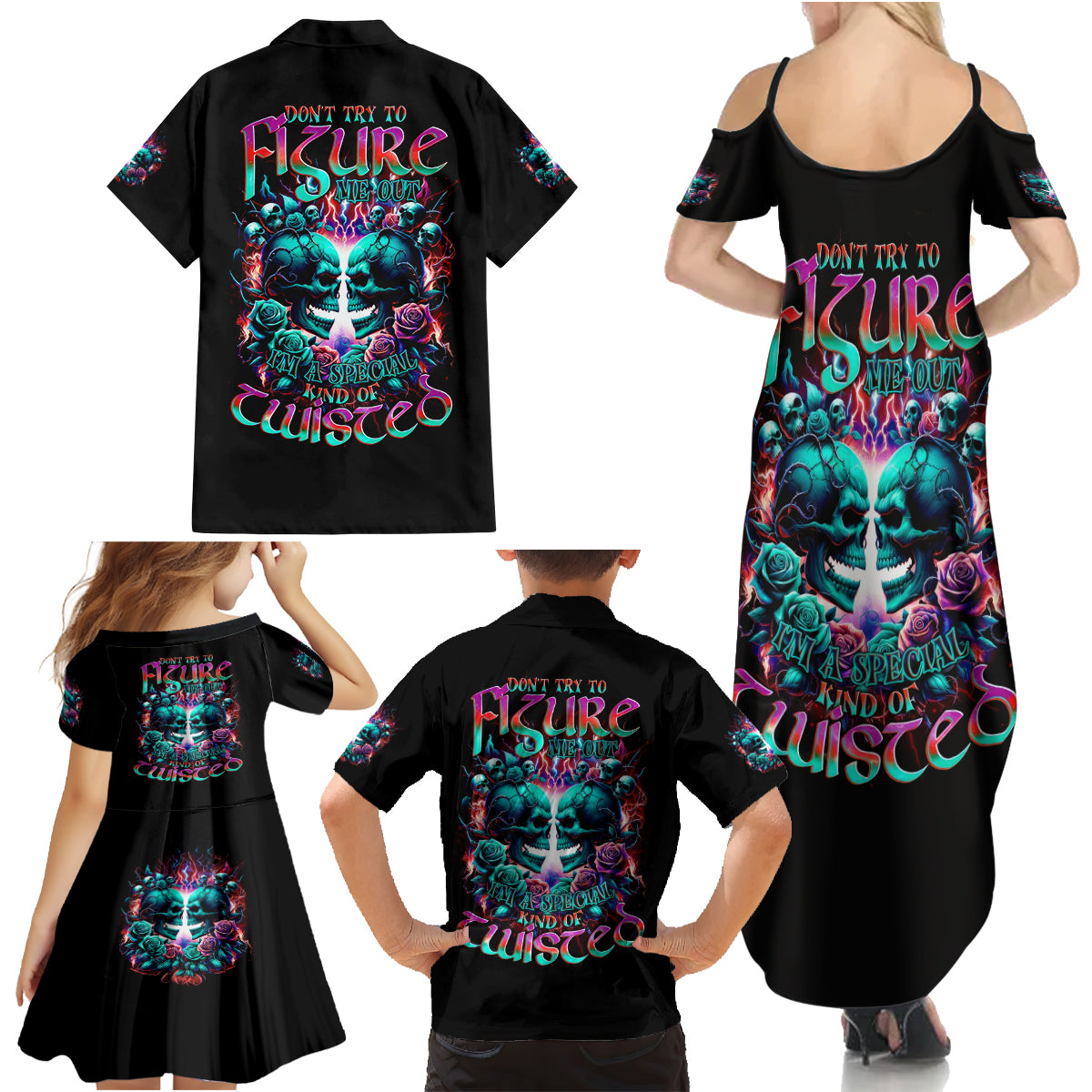 Twin Skull Family Matching Summer Maxi Dress and Hawaiian Shirt Don't Try Figure Me out I'm A Special Kind Of Twisted - Wonder Print Shop