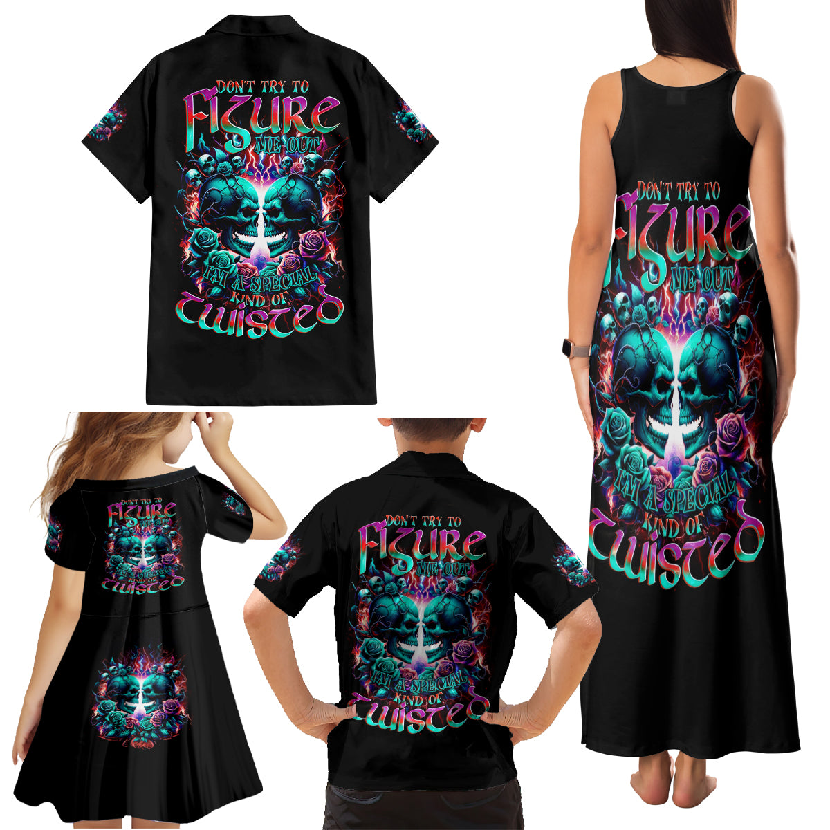 Twin Skull Family Matching Tank Maxi Dress and Hawaiian Shirt Don't Try Figure Me out I'm A Special Kind Of Twisted - Wonder Print Shop