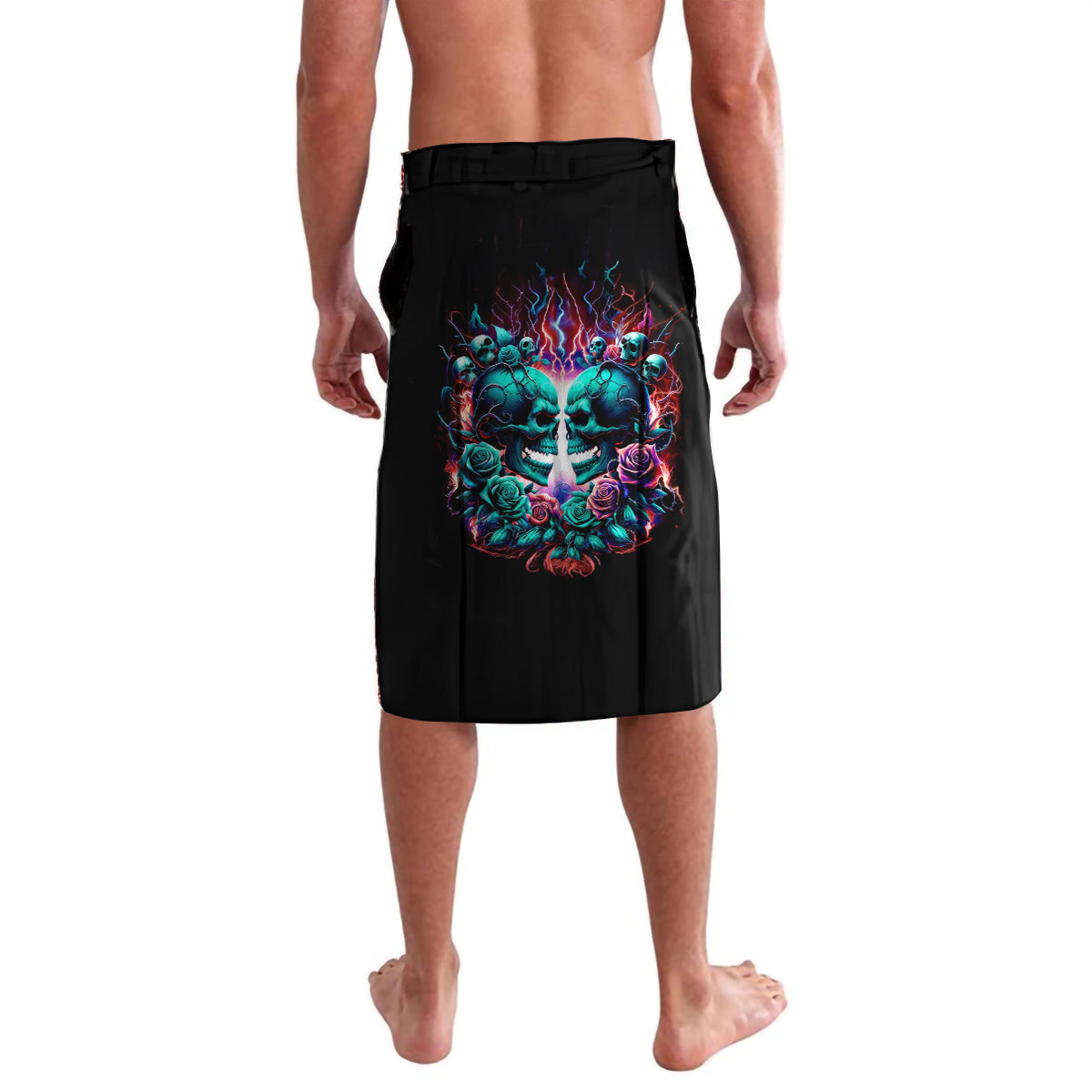 Black board shorts with colorful skull and roses graphic on the front