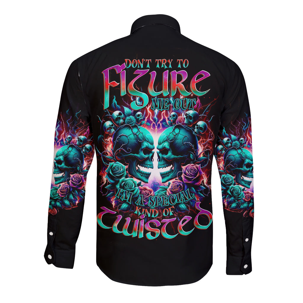 Twin Skull Long Sleeve Button Shirt Don't Try Figure Me out I'm A Special Kind Of Twisted - Wonder Print Shop