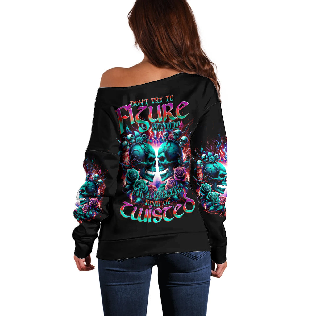 Twin Skull Off Shoulder Sweater Don't Try Figure Me out I'm A Special Kind Of Twisted - Wonder Print Shop