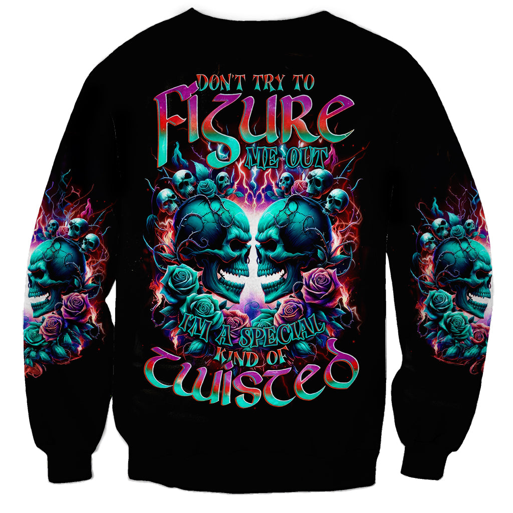 Black unisex sweatshirt with twin skull front graphic and colorful text, long sleeves