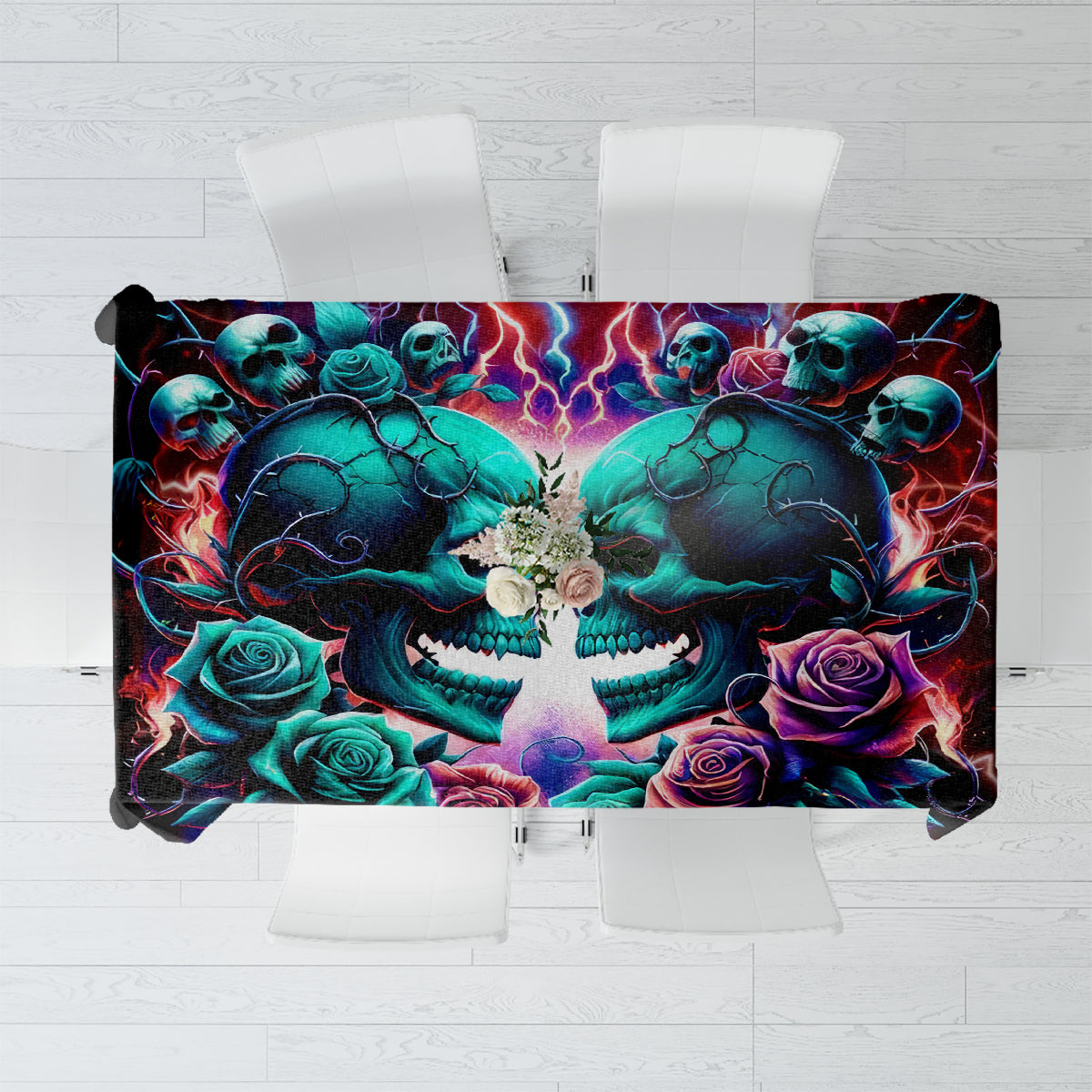 Black tablecloth with twin skull and rose graphic, teal and purple flame border.