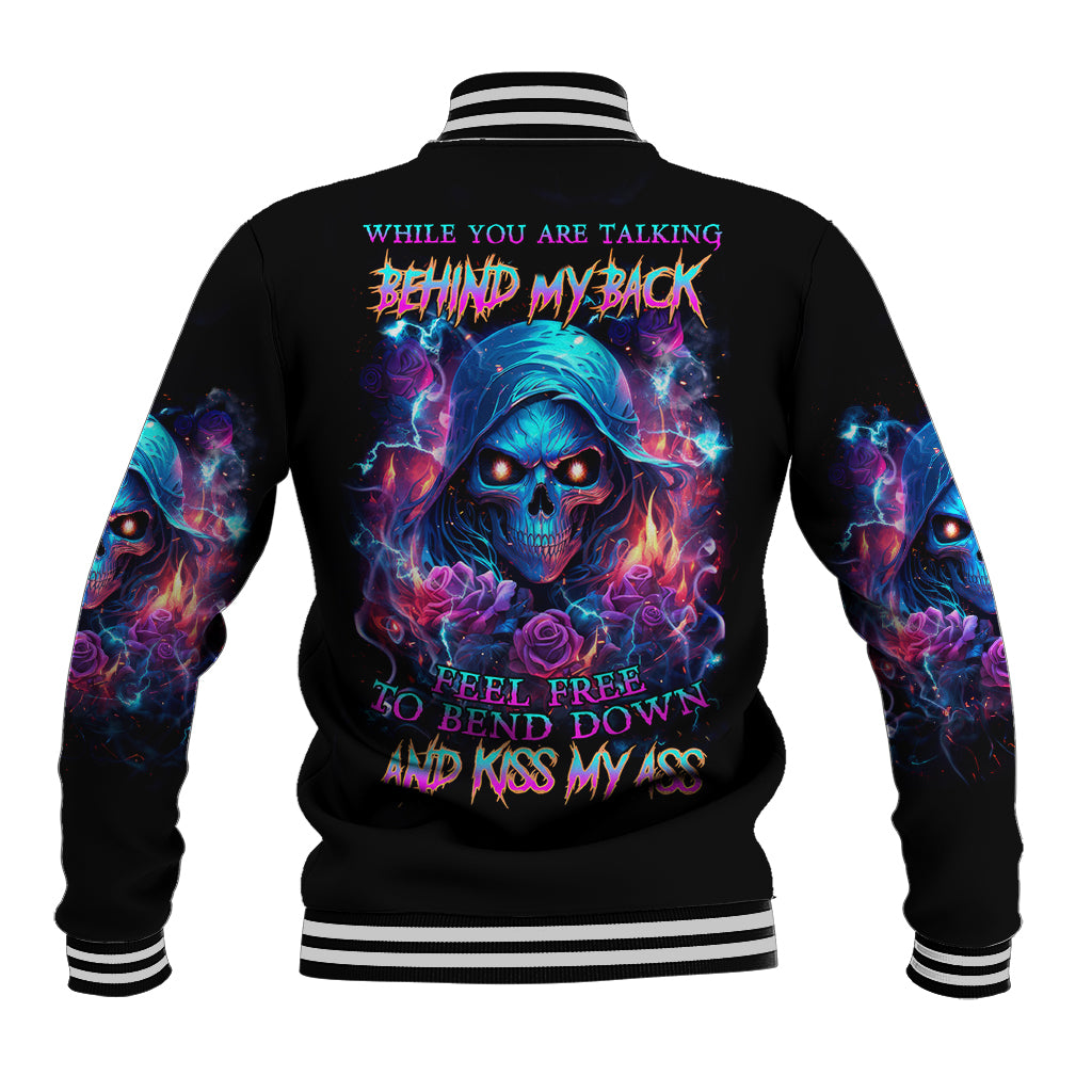 Flame Skull Baseball Jacket While You Are Talking Behind My Back Freel Free To Bend Down And Kiss My Ass - Wonder Print Shop