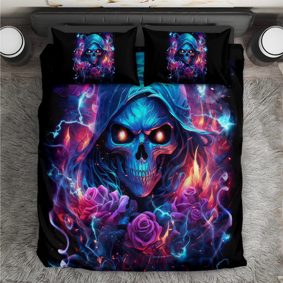 Black flame skull bedding set with blue hooded skull graphic and matching pillowcases