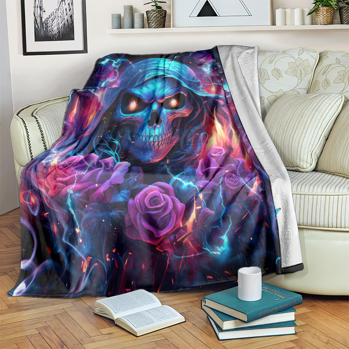 Skull flame rose throw blanket, blue hooded skull with purple roses and glowing flames