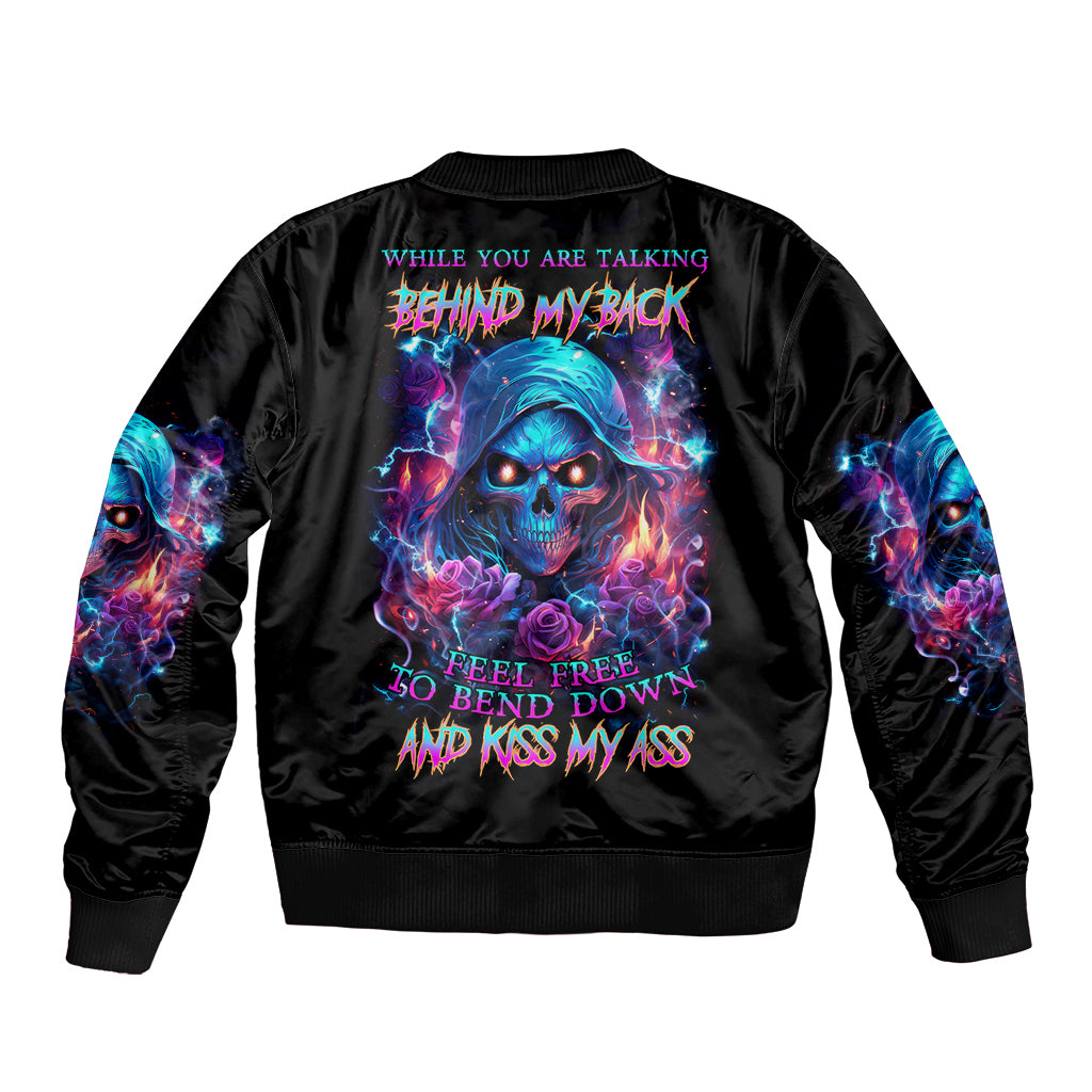 Flame Skull Bomber Jacket While You Are Talking Behind My Back Freel Free To Bend Down And Kiss My Ass - Wonder Print Shop