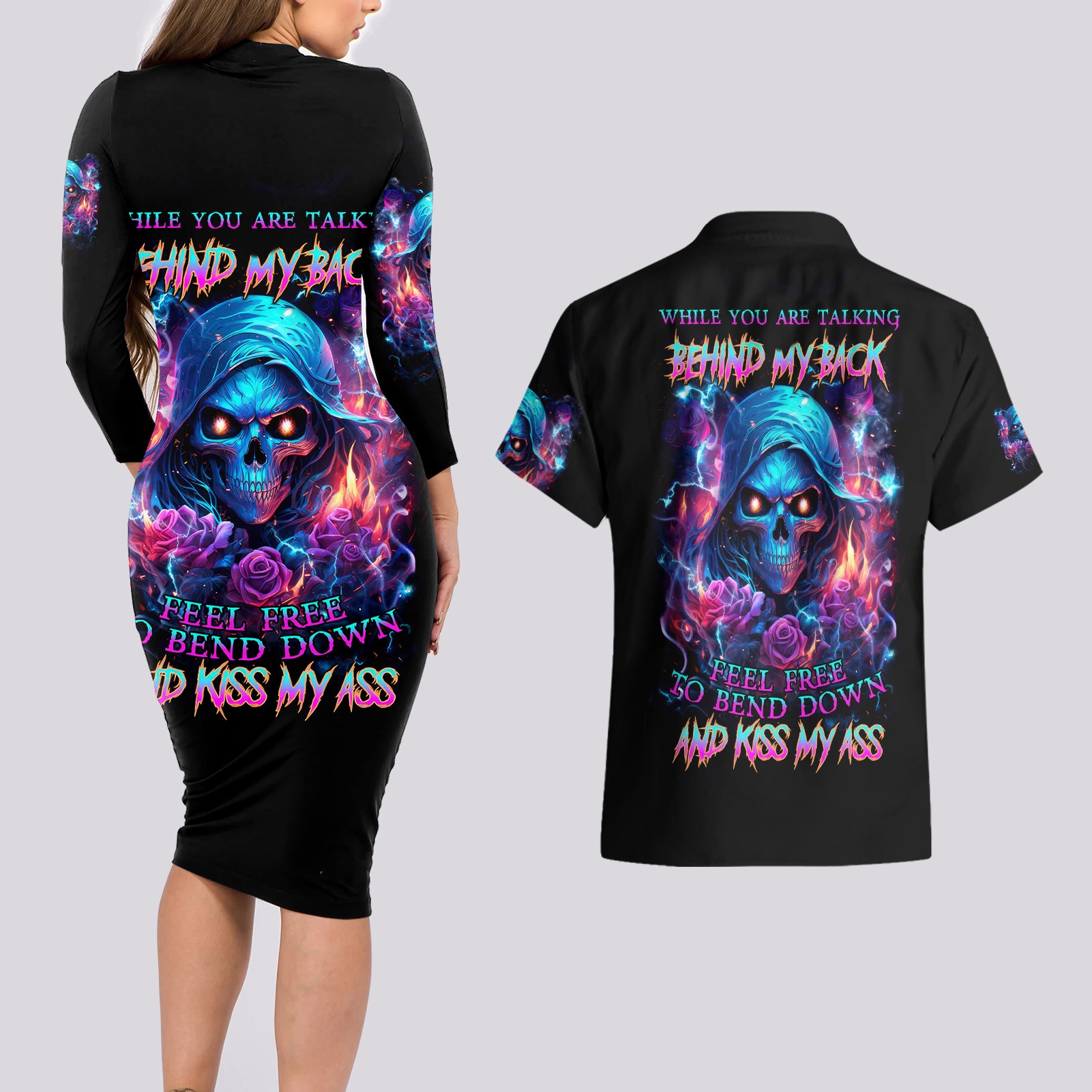 Flame Skull Couples Matching Long Sleeve Bodycon Dress and Hawaiian Shirt While You Are Talking Behind My Back Freel Free To Bend Down And Kiss My Ass - Wonder Print Shop