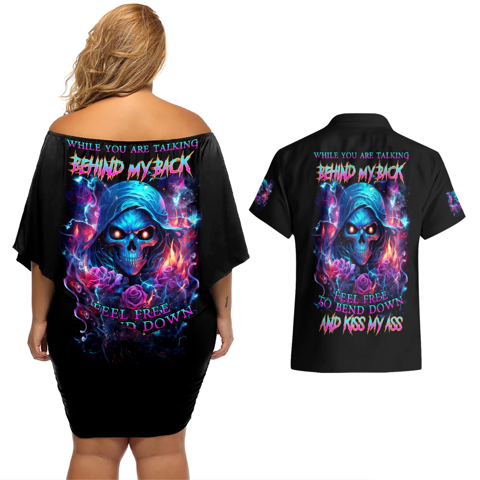 Flame Skull Couples Matching Off Shoulder Short Dress and Hawaiian Shirt While You Are Talking Behind My Back Freel Free To Bend Down And Kiss My Ass - Wonder Print Shop