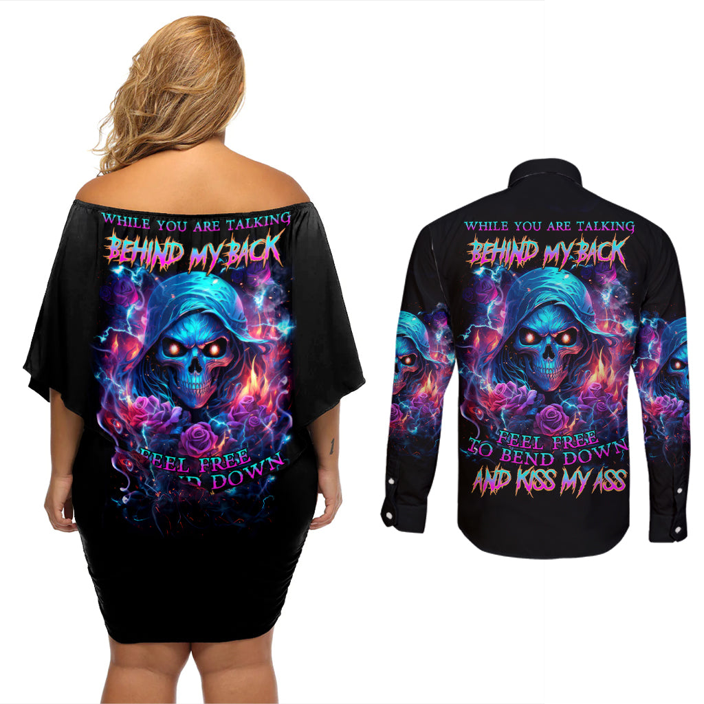 Flame Skull Couples Matching Off Shoulder Short Dress and Long Sleeve Button Shirt While You Are Talking Behind My Back Freel Free To Bend Down And Kiss My Ass - Wonder Print Shop