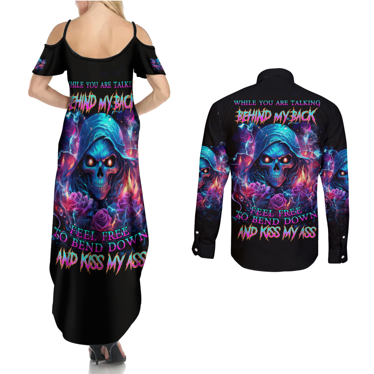 Flame Skull Couples Matching Summer Maxi Dress and Long Sleeve Button Shirt While You Are Talking Behind My Back Freel Free To Bend Down And Kiss My Ass - Wonder Print Shop