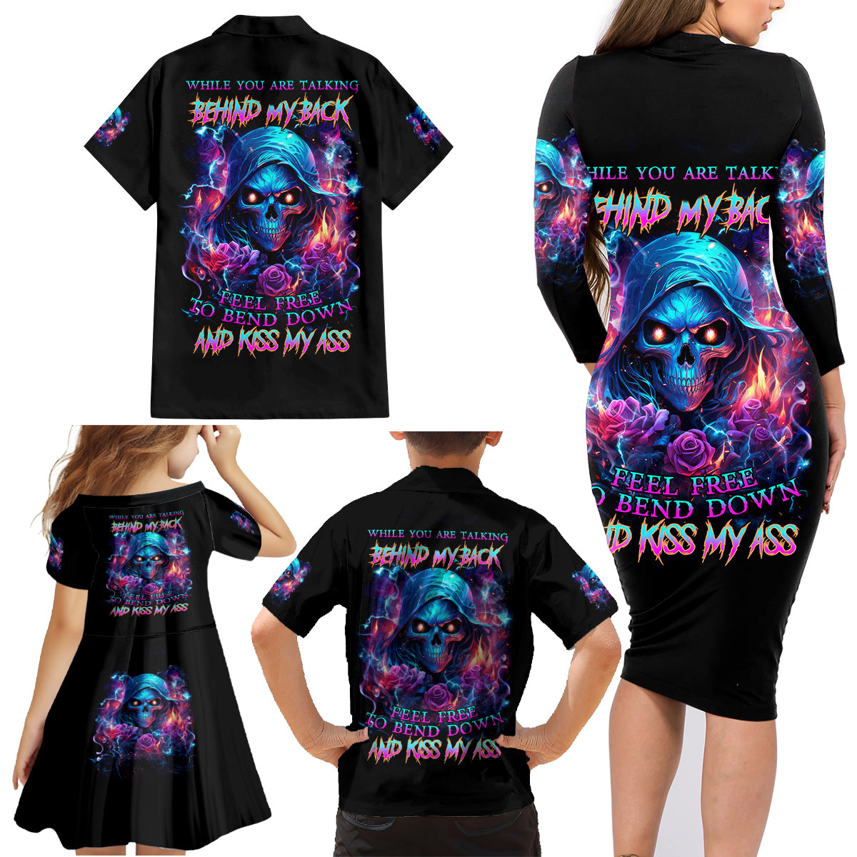 Flame Skull Family Matching Long Sleeve Bodycon Dress and Hawaiian Shirt While You Are Talking Behind My Back Freel Free To Bend Down And Kiss My Ass - Wonder Print Shop