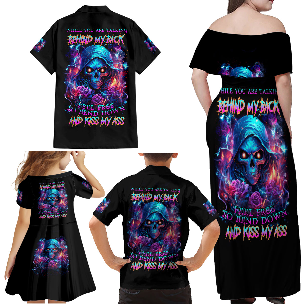 Flame Skull Family Matching Off Shoulder Maxi Dress and Hawaiian Shirt While You Are Talking Behind My Back Freel Free To Bend Down And Kiss My Ass - Wonder Print Shop