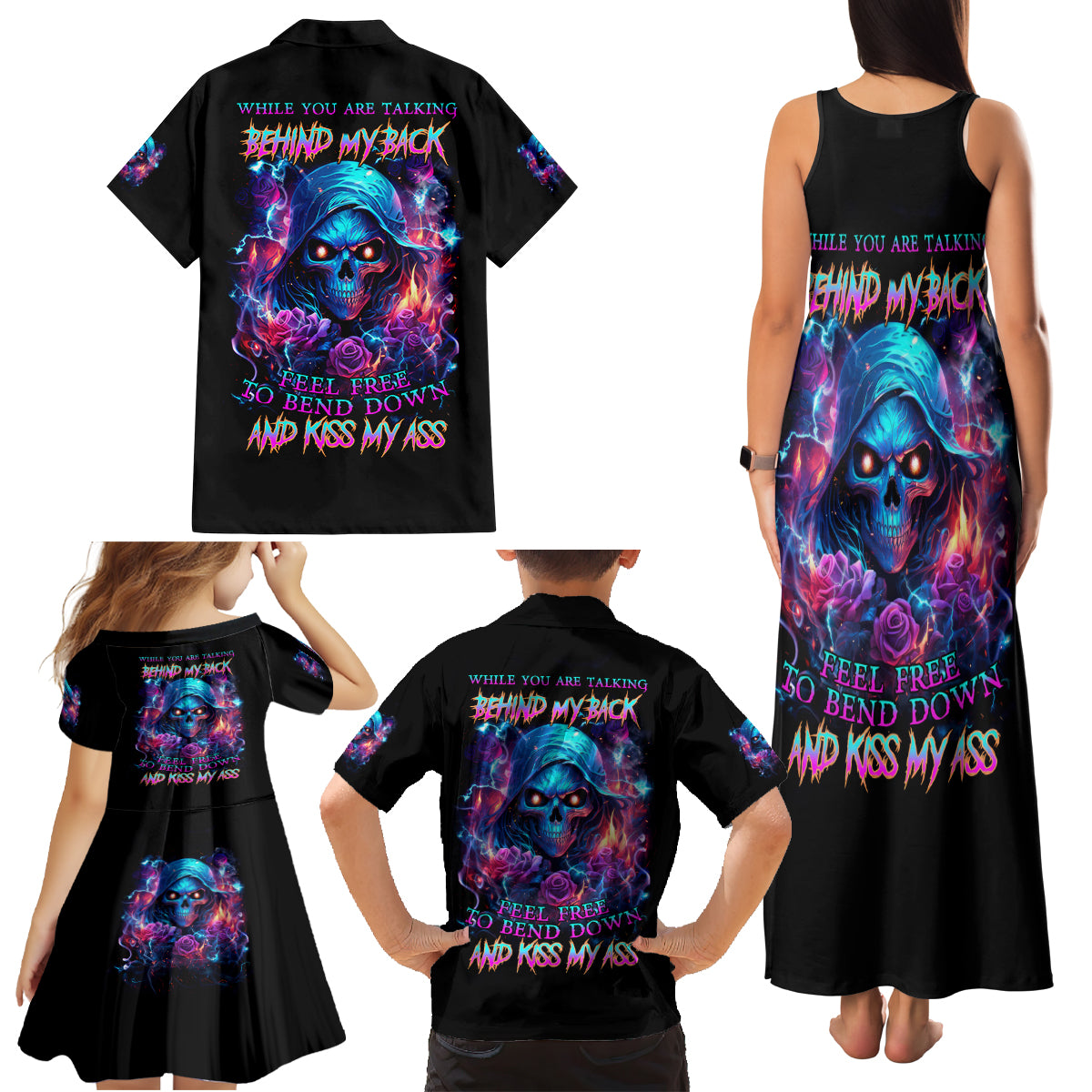 Flame Skull Family Matching Tank Maxi Dress and Hawaiian Shirt While You Are Talking Behind My Back Freel Free To Bend Down And Kiss My Ass - Wonder Print Shop