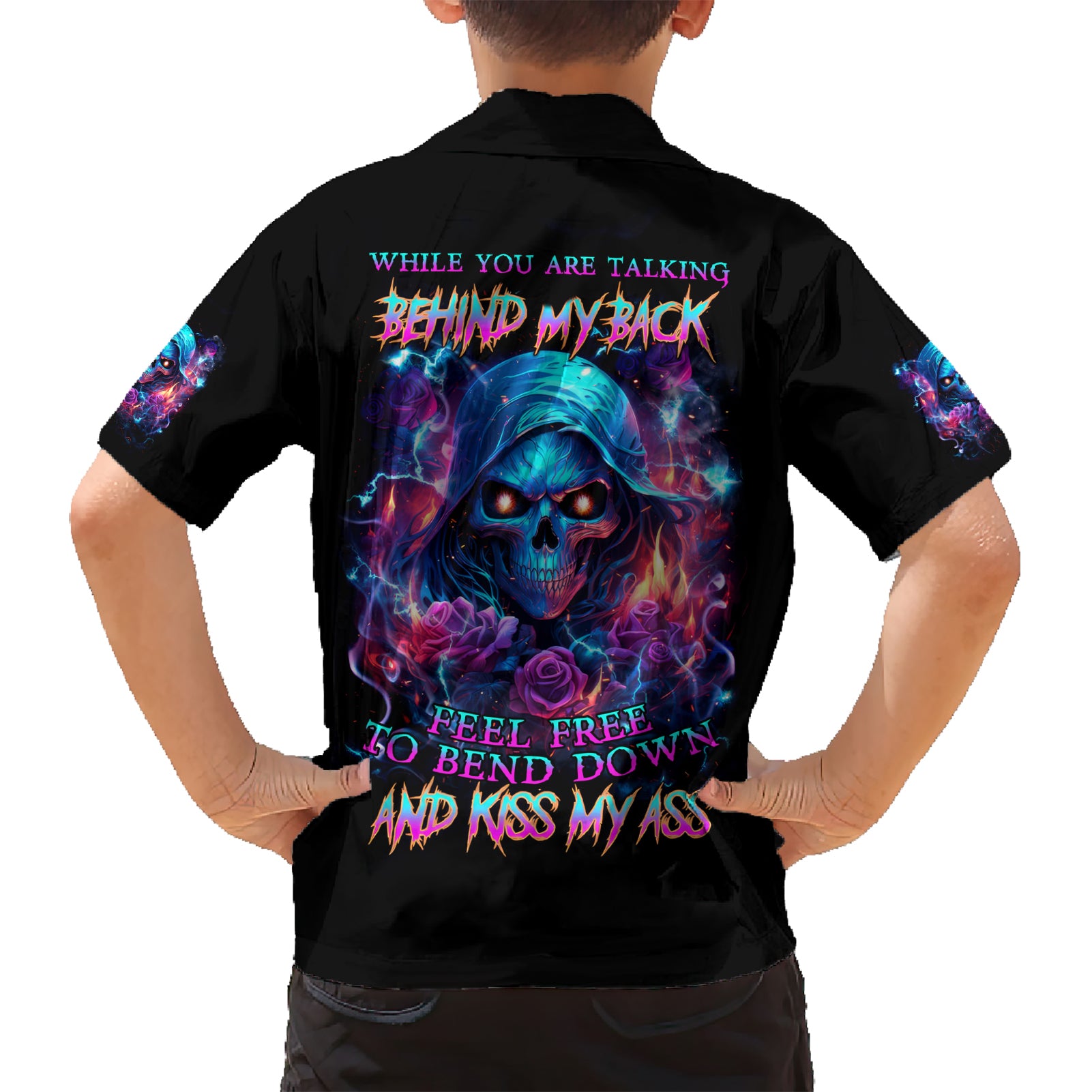 Flame Skull Kid Hawaiian Shirt While You Are Talking Behind My Back Freel Free To Bend Down And Kiss My Ass - Wonder Print Shop