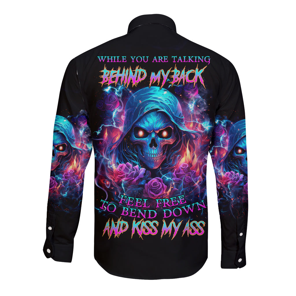 Flame Skull Long Sleeve Button Shirt While You Are Talking Behind My Back Freel Free To Bend Down And Kiss My Ass - Wonder Print Shop