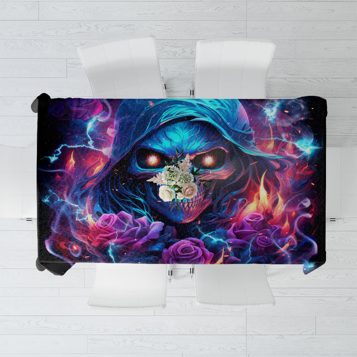 Black tablecloth with blue flame skull graphic, rectangular tabletop cover