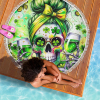Fringed round green skull beach blanket with shamrock bow and glass drink artwork