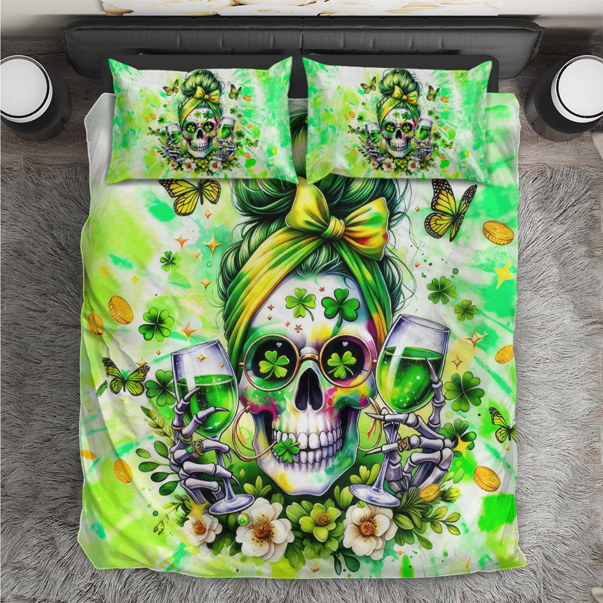 Green bedding set with skull, shamrocks, butterflies, and wine glasses; includes two pillows.