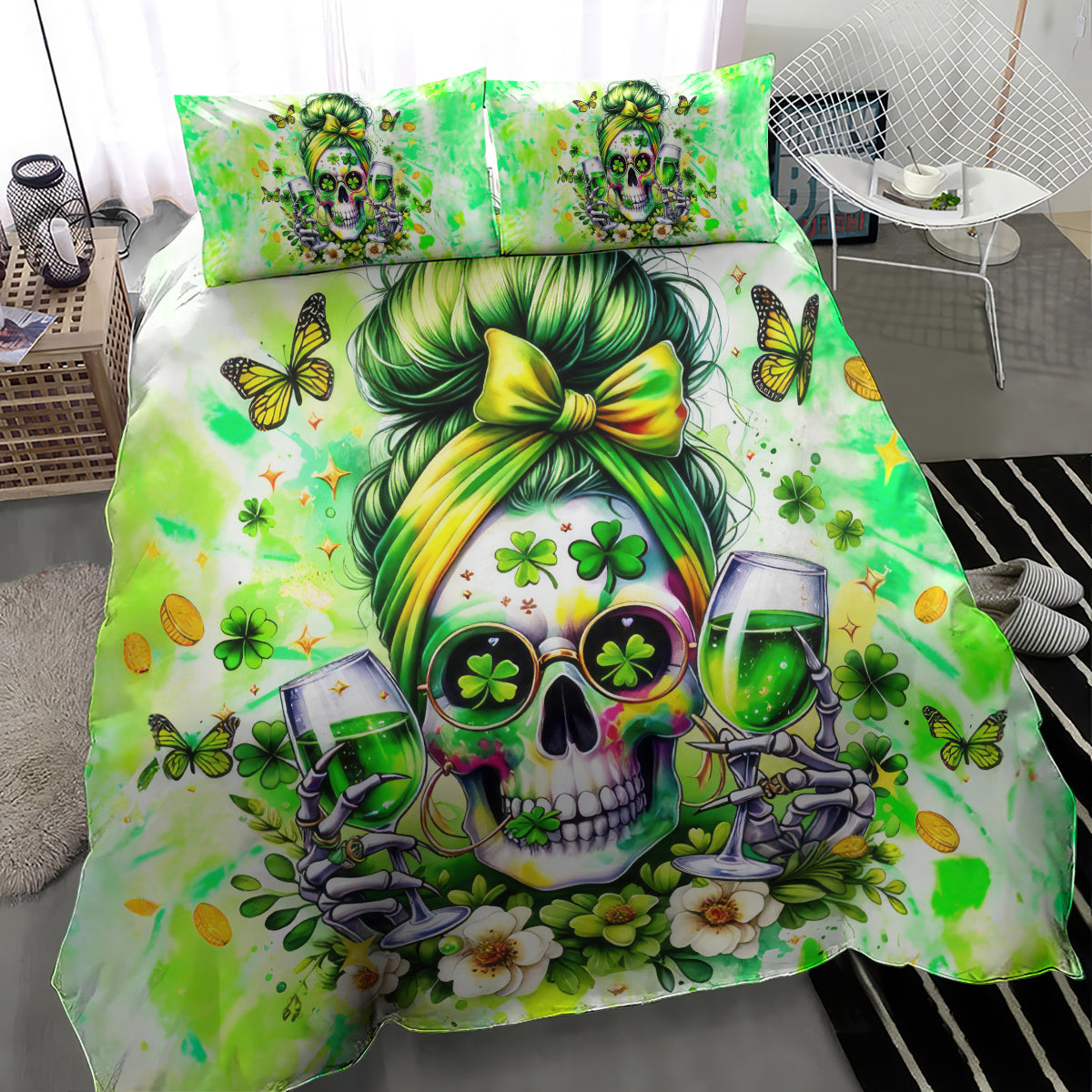 Green bedding set with skull face artwork, shamrock motifs, butterflies, and wine glasses; two pillows.