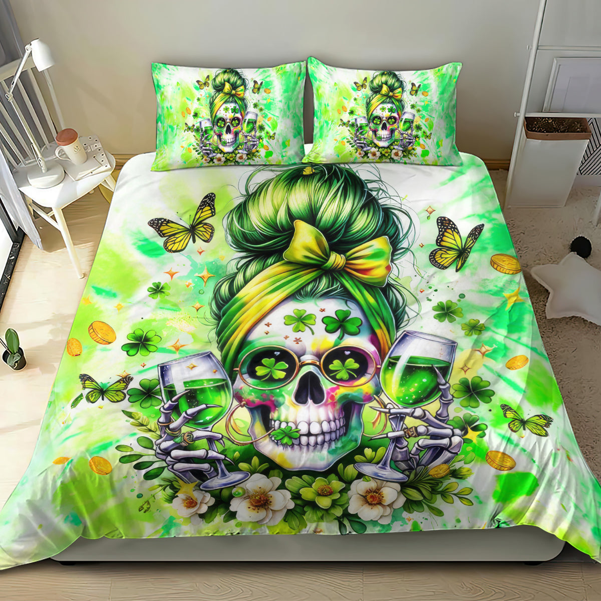 Green bedding set duvet and two pillows with a green-haired skull, shamrocks, and butterflies.