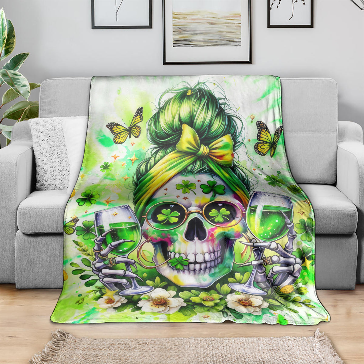 Green skull blanket spread on a sofa, featuring a green-haired skull and clover details