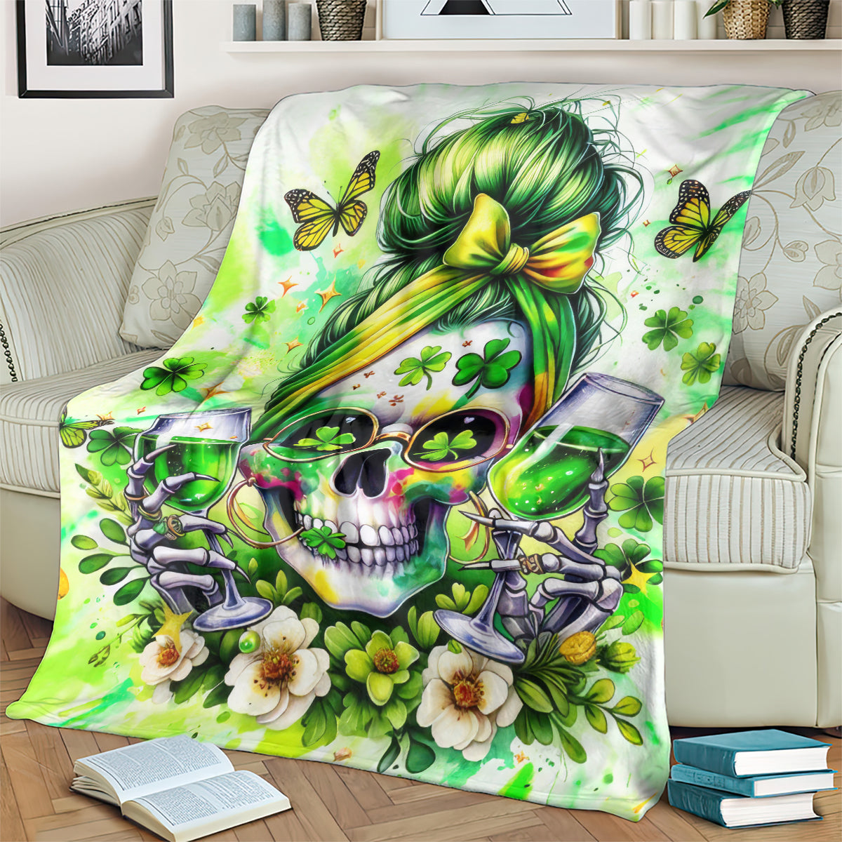 Green skull blanket draped on a couch, with green-haired skull, butterflies, and flowers