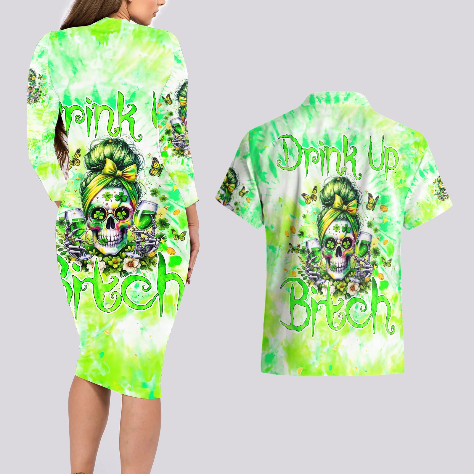 Irish Skull Couples Matching Long Sleeve Bodycon Dress and Hawaiian Shirt Drink Up Bitch - Wonder Print Shop