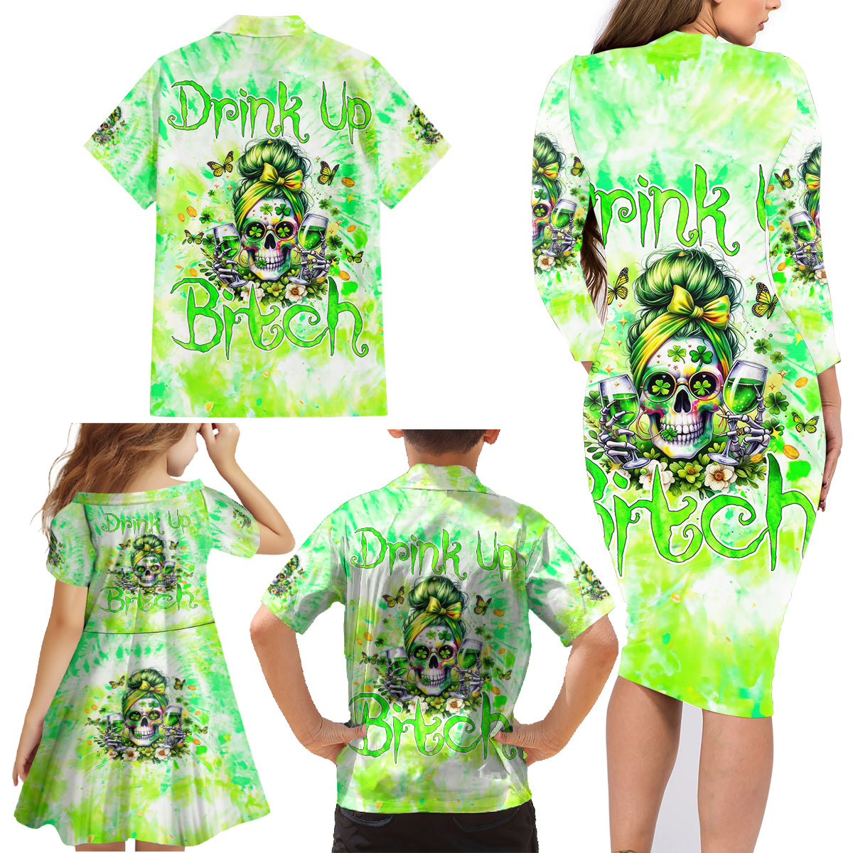 Irish Skull Family Matching Long Sleeve Bodycon Dress and Hawaiian Shirt Drink Up Bitch - Wonder Print Shop