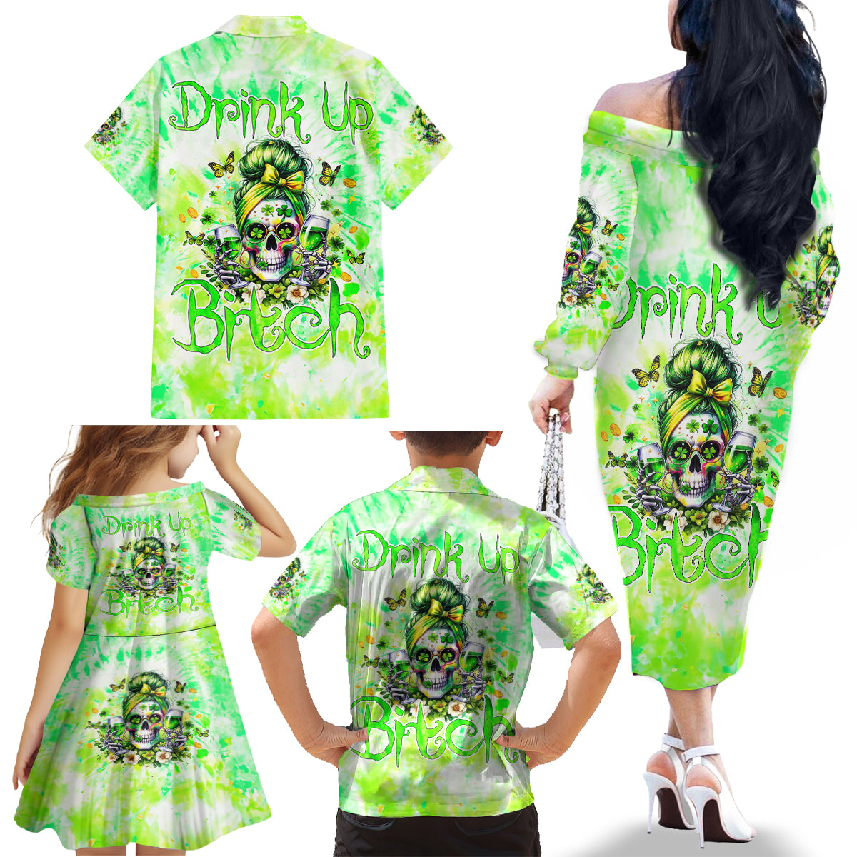 Irish Skull Family Matching Off Shoulder Long Sleeve Dress and Hawaiian Shirt Drink Up Bitch - Wonder Print Shop