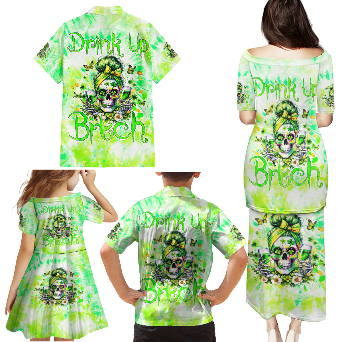 Irish Skull Family Matching Puletasi and Hawaiian Shirt Drink Up Bitch - Wonder Print Shop