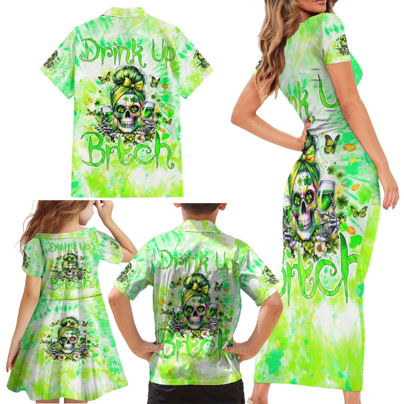 Irish Skull Family Matching Short Sleeve Bodycon Dress and Hawaiian Shirt Drink Up Bitch - Wonder Print Shop