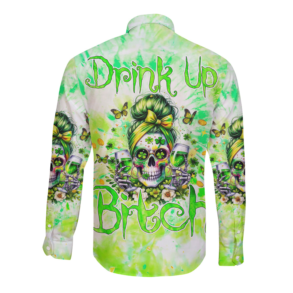 Irish Skull Long Sleeve Button Shirt Drink Up Bitch - Wonder Print Shop