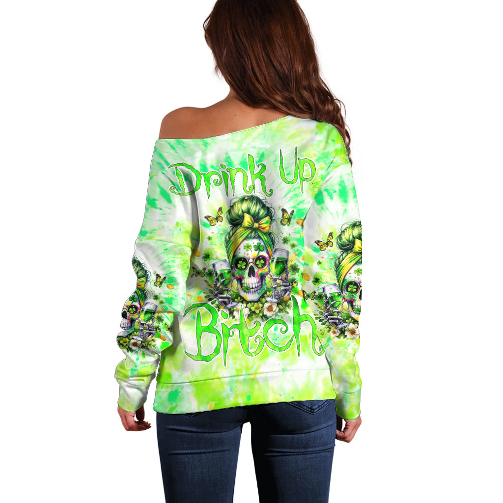 Irish Skull Off Shoulder Sweater Drink Up Bitch - Wonder Print Shop