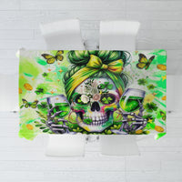 Green tablecloth with skull, butterflies, clovers and watercolor florals, rectangular print