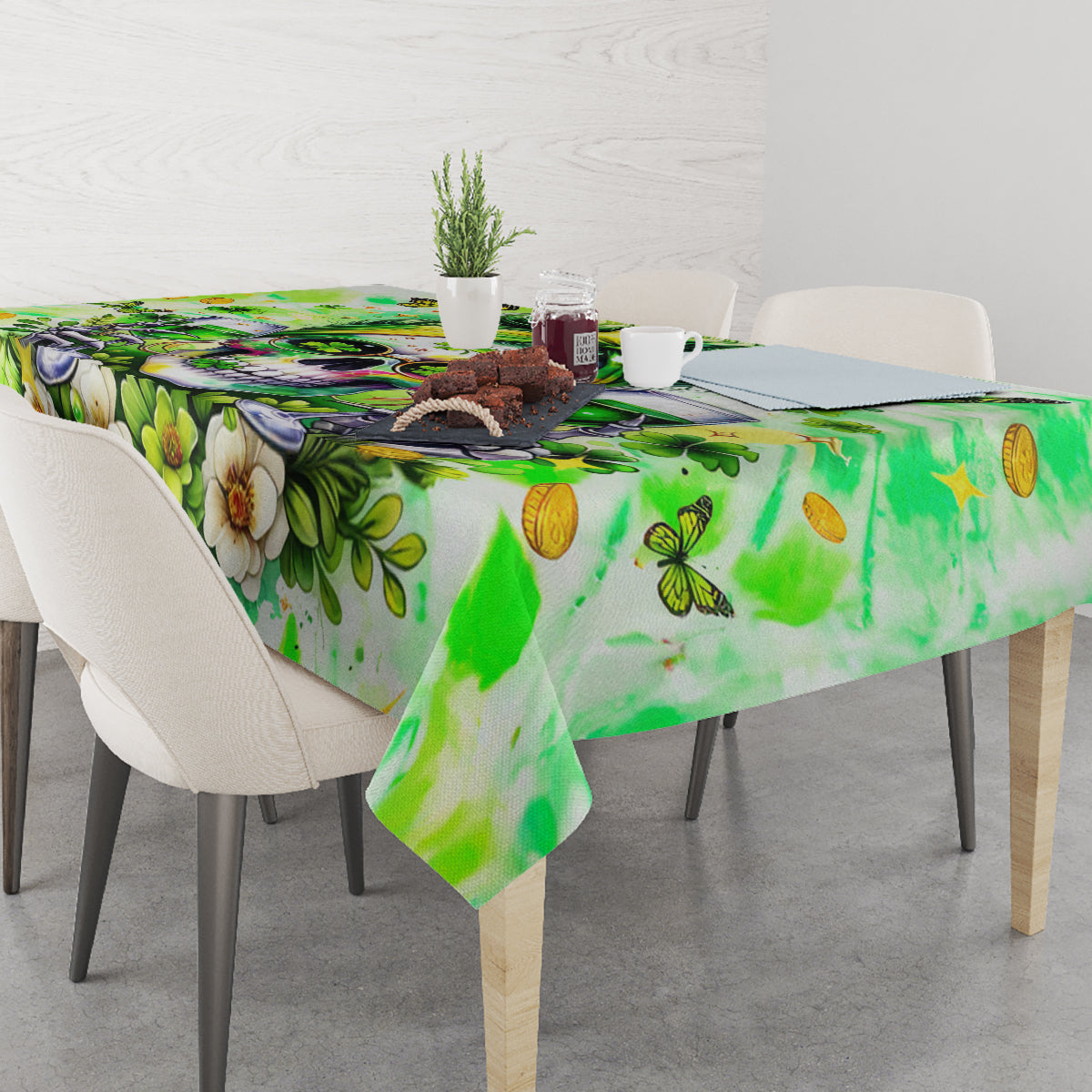 Green tablecloth with watercolor leaves and flowers, butterflies, draped over dining table