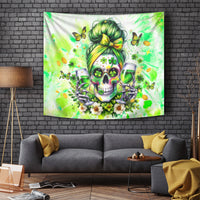 Green St. Patrick skull tapestry with shamrocks, flowers, butterflies, and green drink