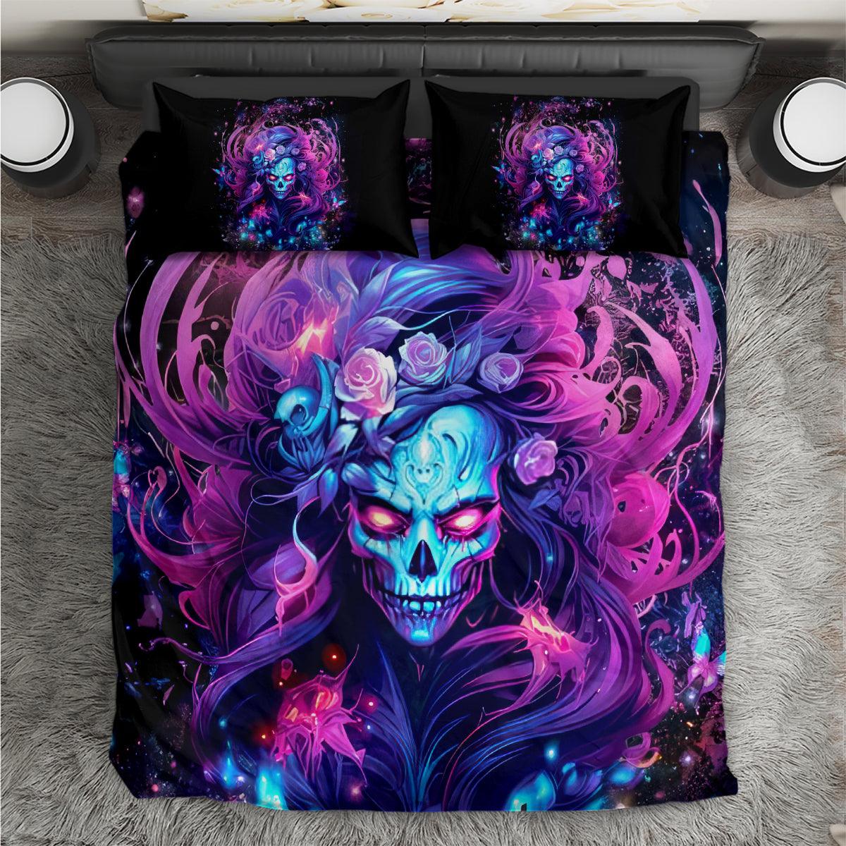 Black skull bedding set with vibrant purple-blue portrait and two matching pillowcases