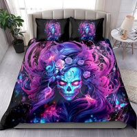 Black skull bedding set featuring a vivid purple-blue skull face on the comforter and two pillows