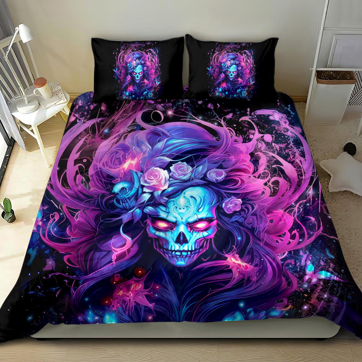 Black skull bedding set with bold purple-blue skull graphic on comforter and two coordinating pillows