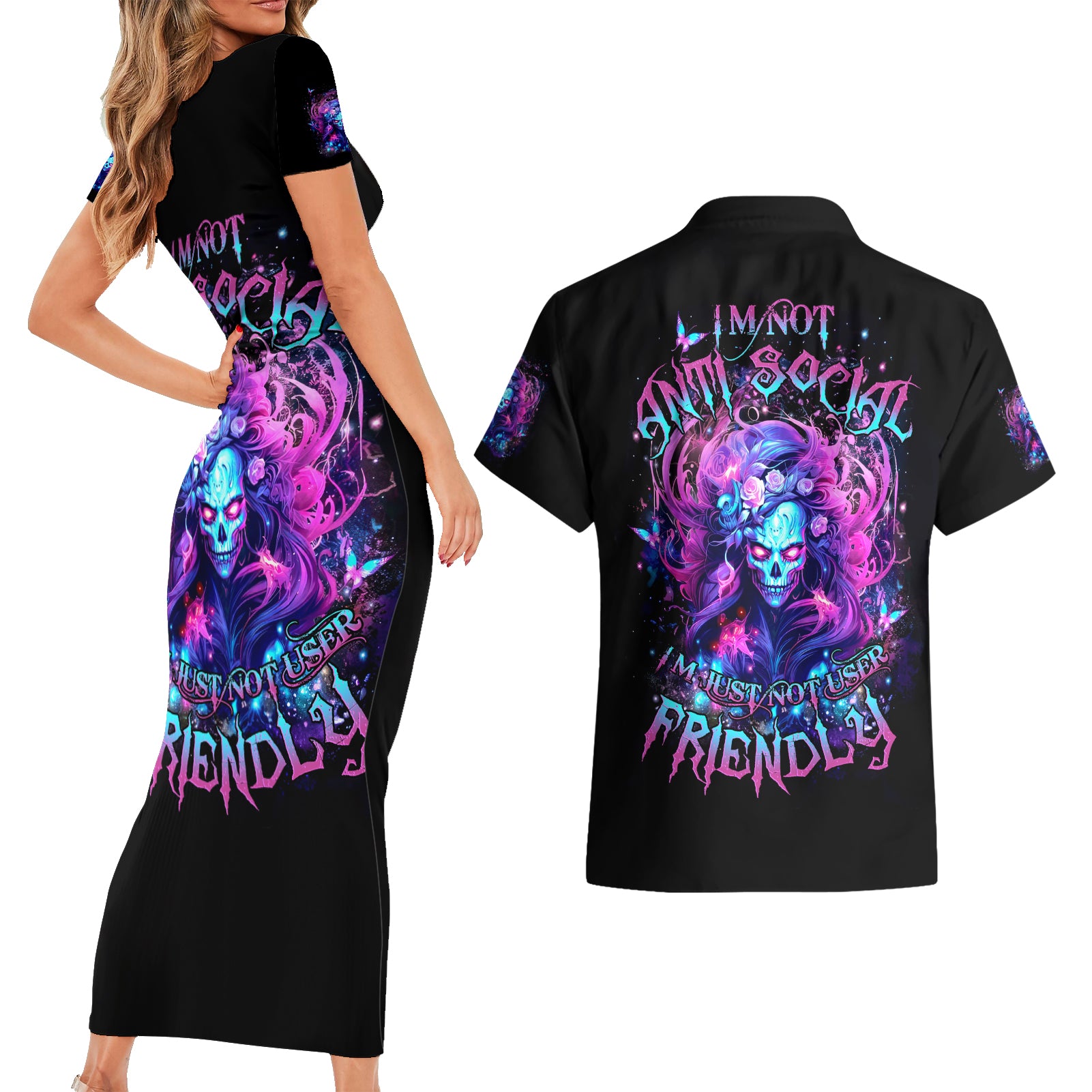 Lady Skull Couples Matching Short Sleeve Bodycon Dress and Hawaiian Shirt I'm Not Anti Social I'm Just Not User Friendly - Wonder Print Shop