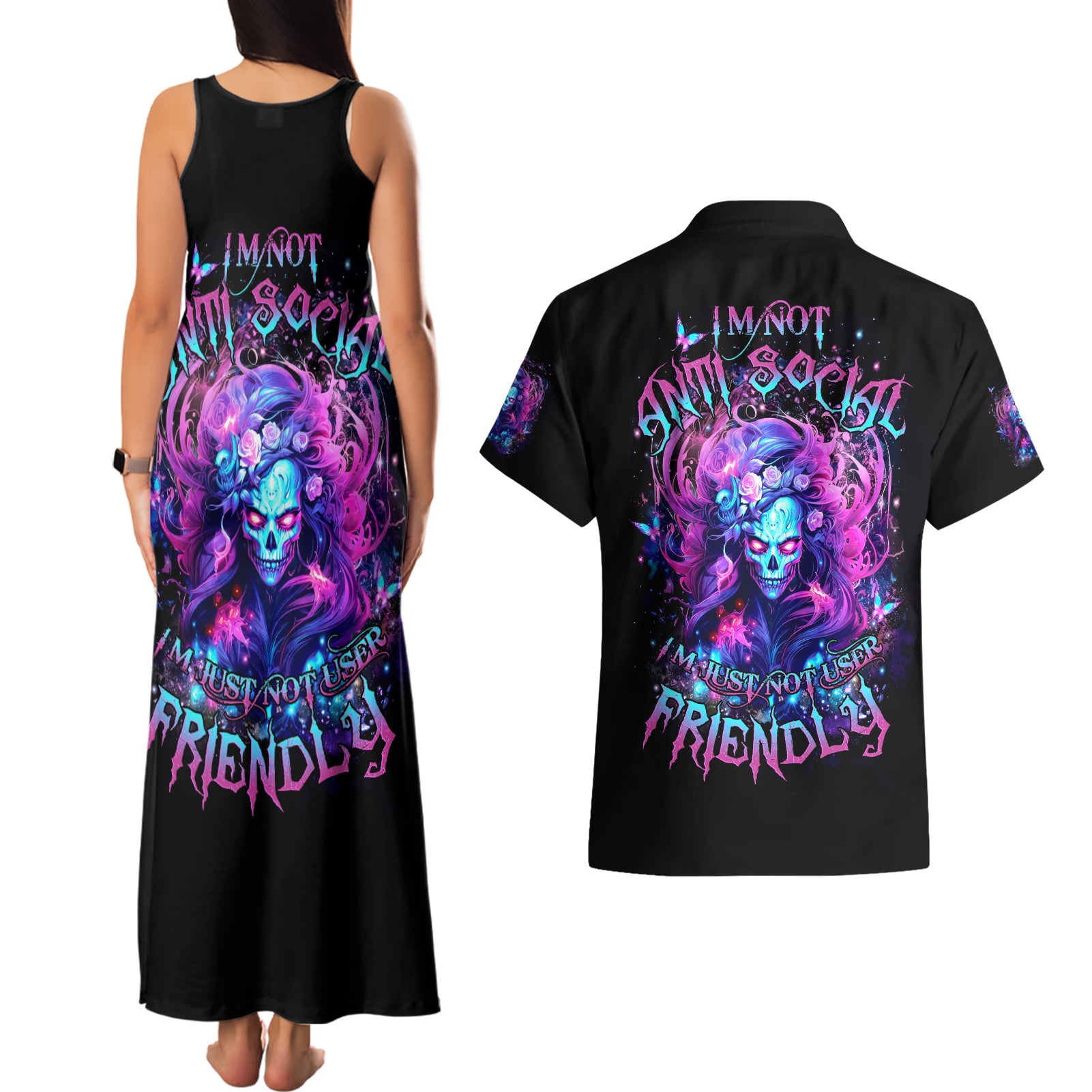 Lady Skull Couples Matching Tank Maxi Dress and Hawaiian Shirt I'm Not Anti Social I'm Just Not User Friendly - Wonder Print Shop