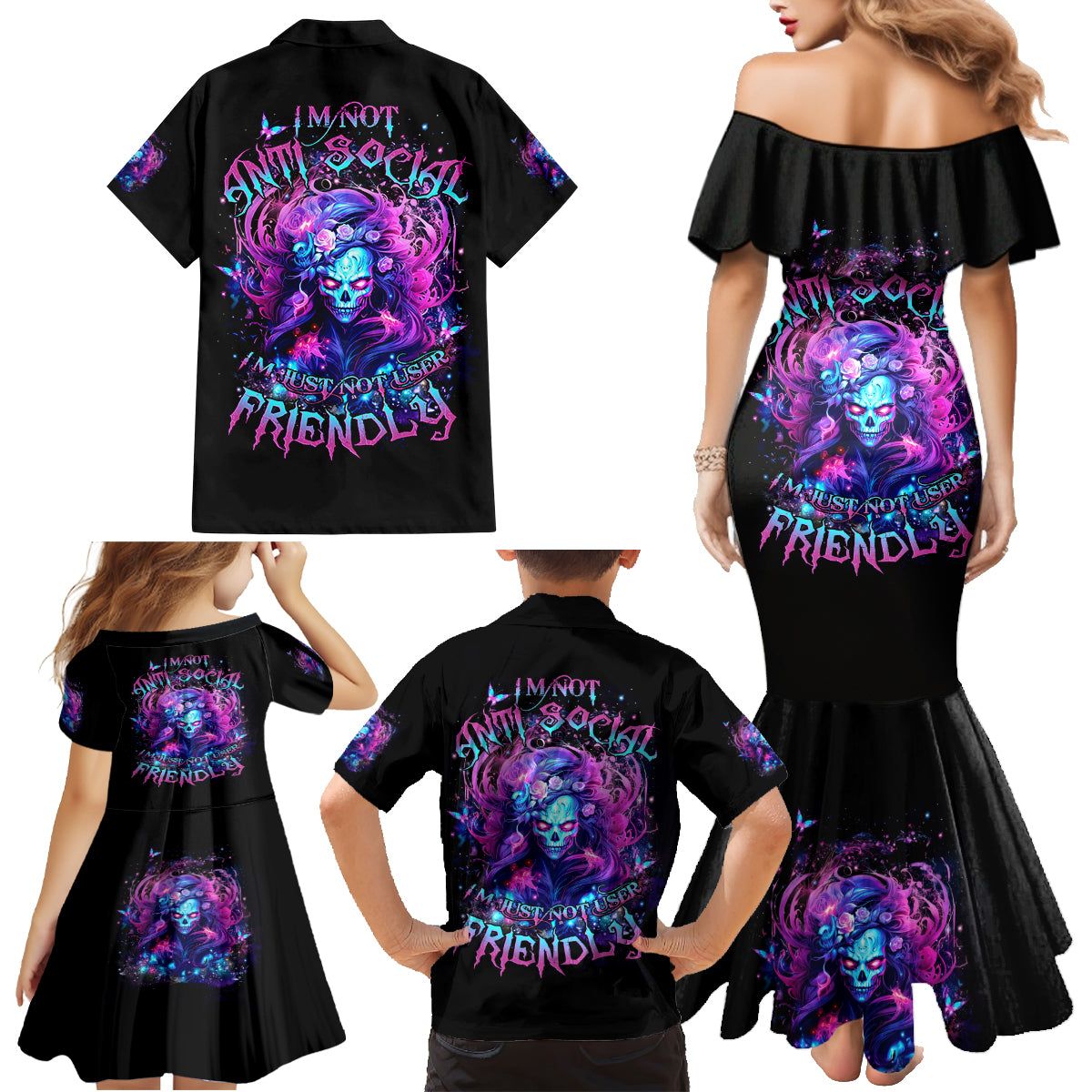 Lady Skull Family Matching Mermaid Dress and Hawaiian Shirt I'm Not Anti Social I'm Just Not User Friendly - Wonder Print Shop